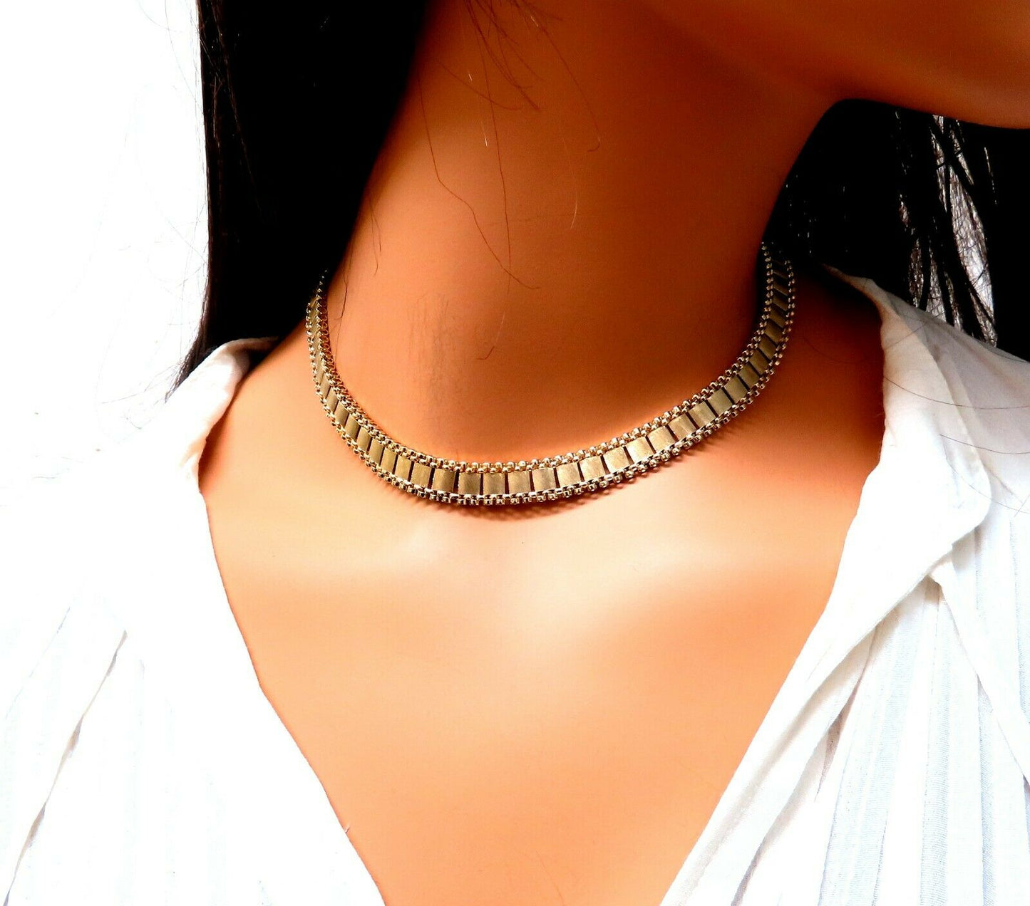 Reversible 5 Tier Curbed Band Link Gold Necklace 14kt gold 15 inch 9.8mm