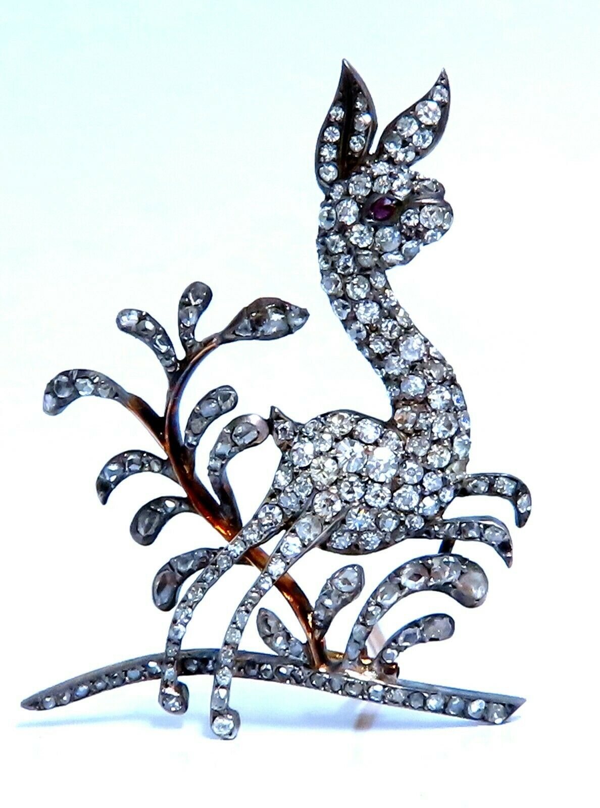 Antique 3ct Natural Diamonds Deer Pin 14kt