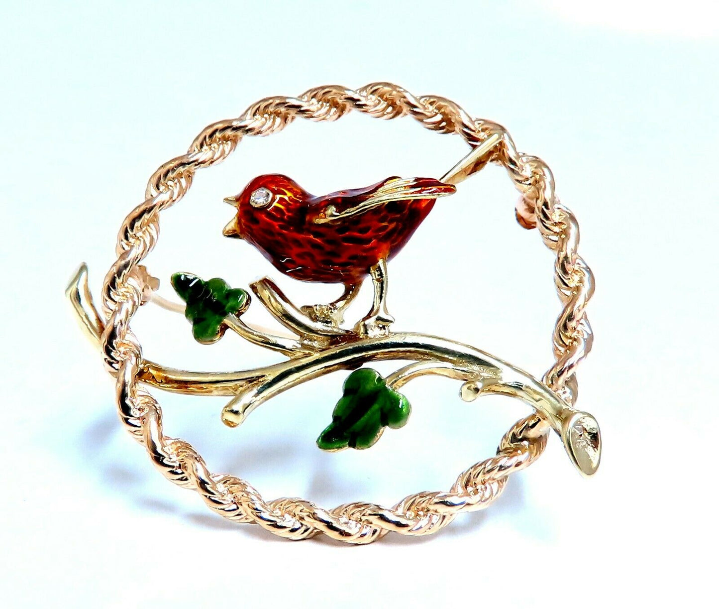 Enamel Chirping Bird Brooch Pin 14kt