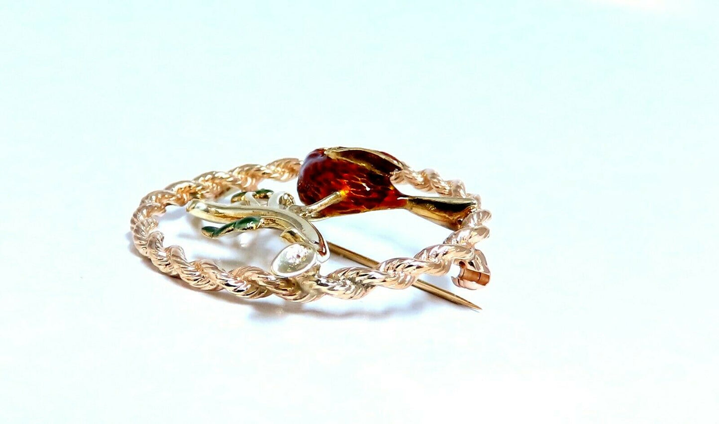 Enamel Chirping Bird Brooch Pin 14kt