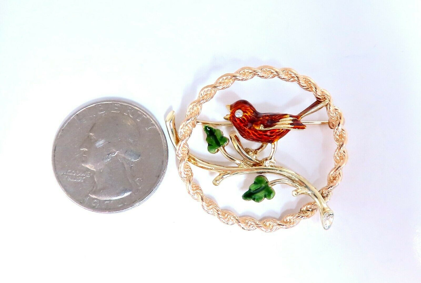 Enamel Chirping Bird Brooch Pin 14kt