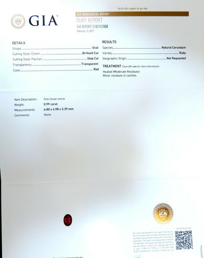 GIA Certified Ruby .99ct Diamond ring Platinum Vivid Red Prime