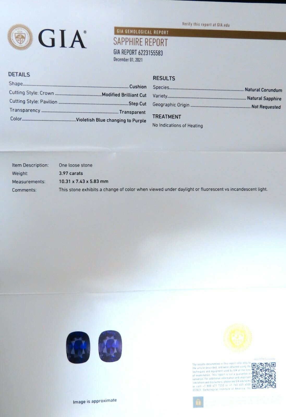 GIA Certified 3.97ct Natural No Heat Color Change Sapphre Diamonds Ring 14kt