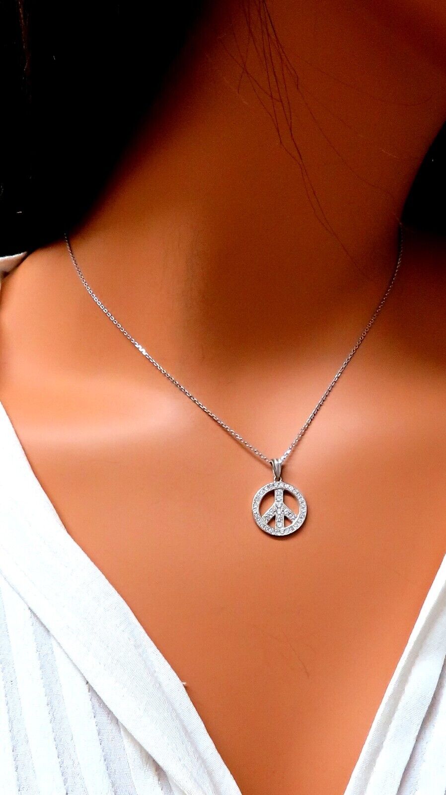 .80ct Bead Set Peace Charm natural Diamond Necklace 14kt