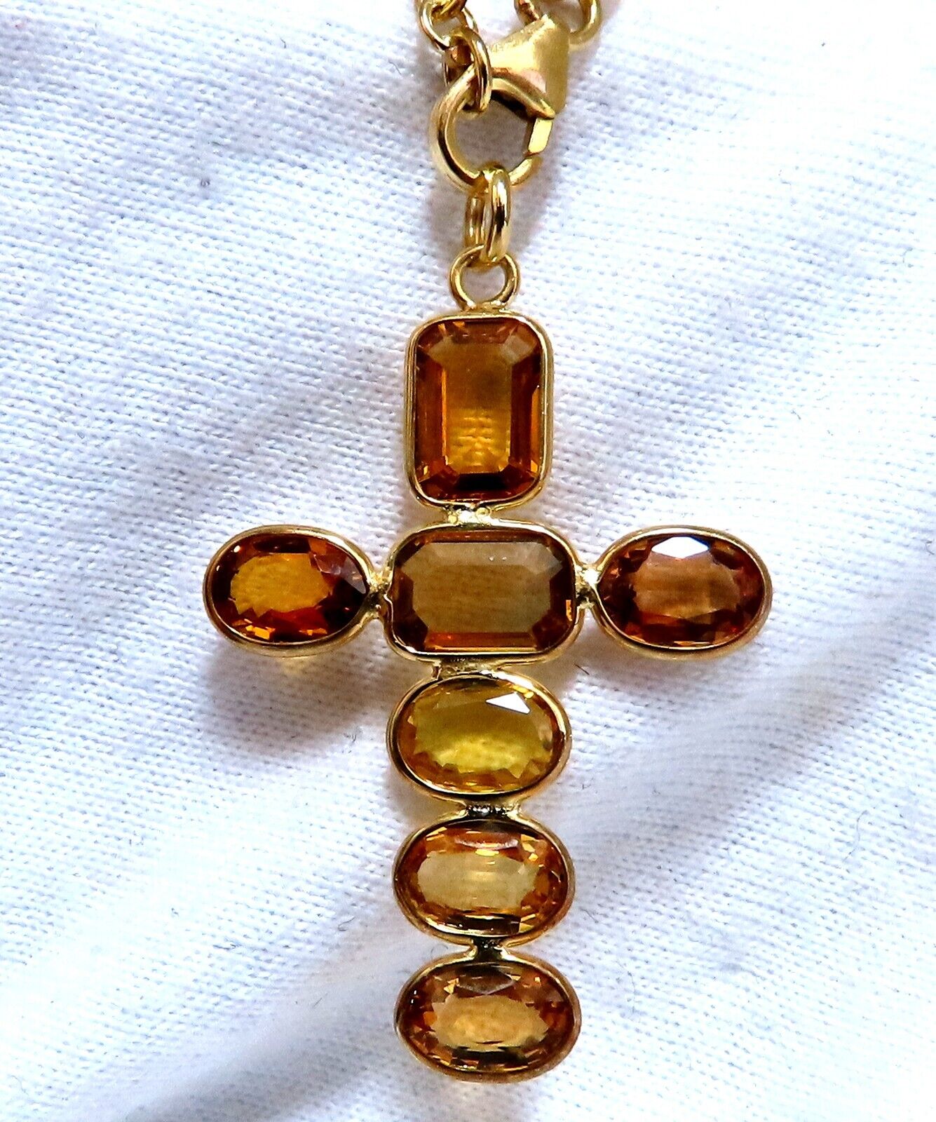 22ct Multicolor Natural Sapphire Rosary Necklace Cross & Yard 14kt