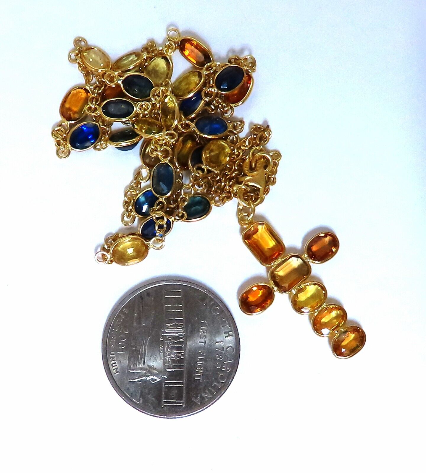 22ct Multicolor Natural Sapphire Rosary Necklace Cross & Yard 14kt