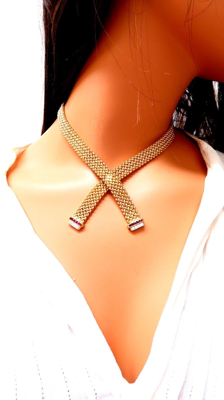 Ribbon Wrap Heavy Tight Cable Linked Ruby Diamond Necklace 14k 105 Gram