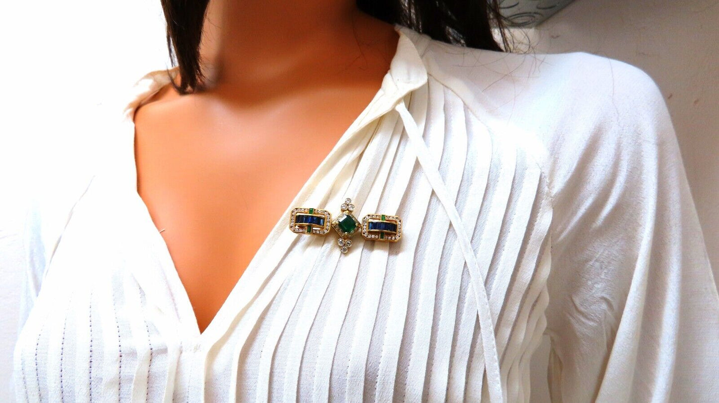 Vintage Rare Handmade Emerald Sapphire Diamond Pin 18kt