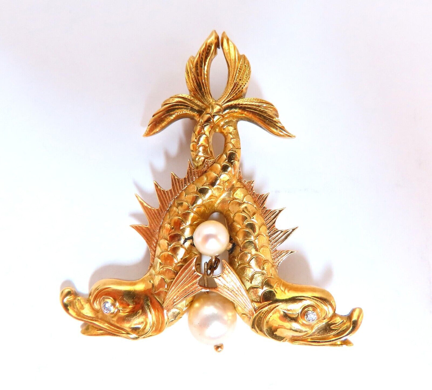 Chinese Pearl Fish Pin 18kt Vintage