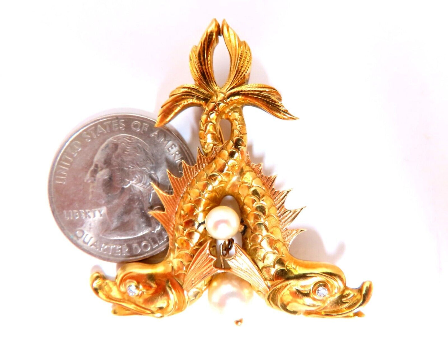 Chinese Pearl Fish Pin 18kt Vintage