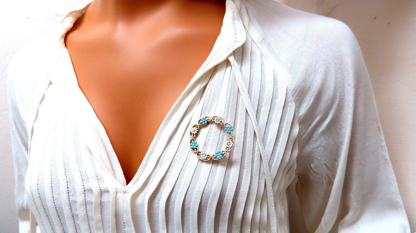 Vintage Estate Handmade Enamel White Blue Daisy Circle Pin 14kt 11791