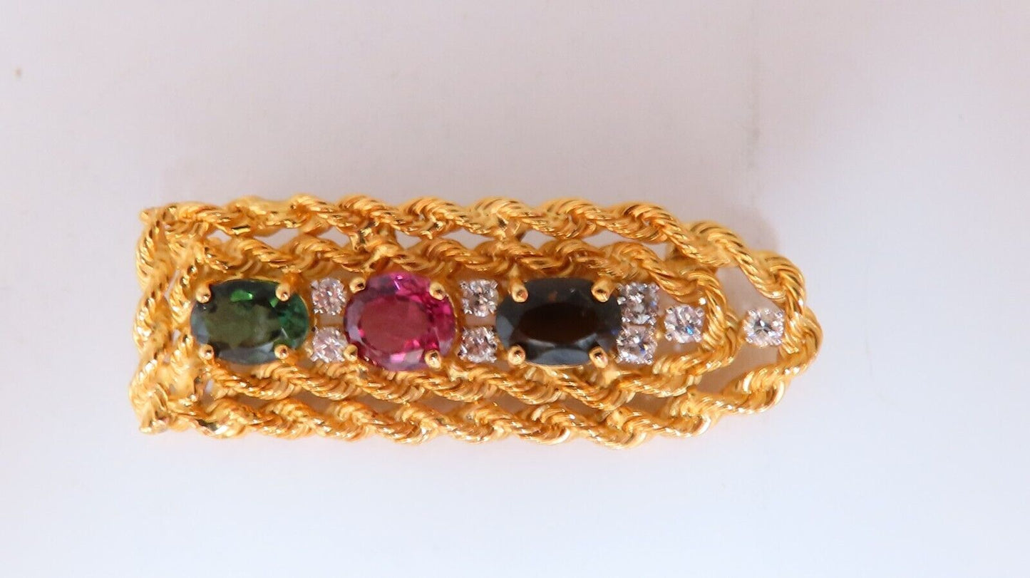 3ct. Natural Green Brown Pink Tourmaline Rope Twist .40ct Diamond Pin 14kt
