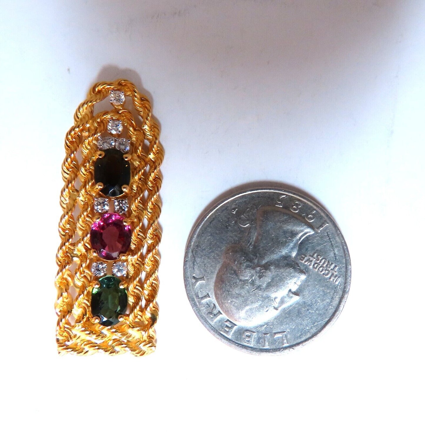 3ct. Natural Green Brown Pink Tourmaline Rope Twist .40ct Diamond Pin 14kt