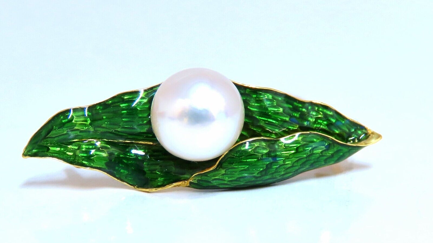 18kt Gold Enamel Leaf Pearl Pin