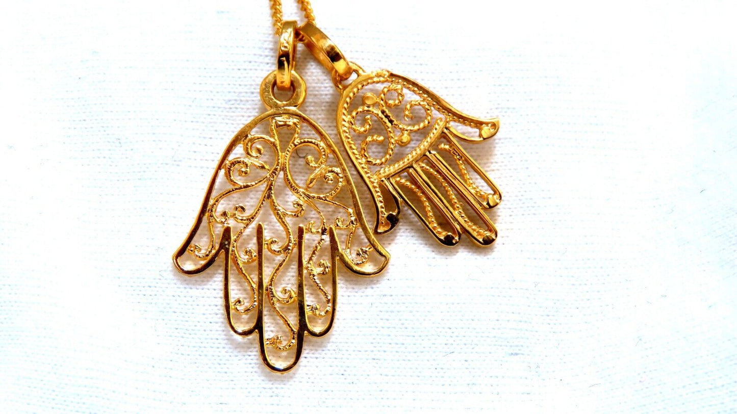 Hamsa Big & Small Filigree necklace 14kt gold