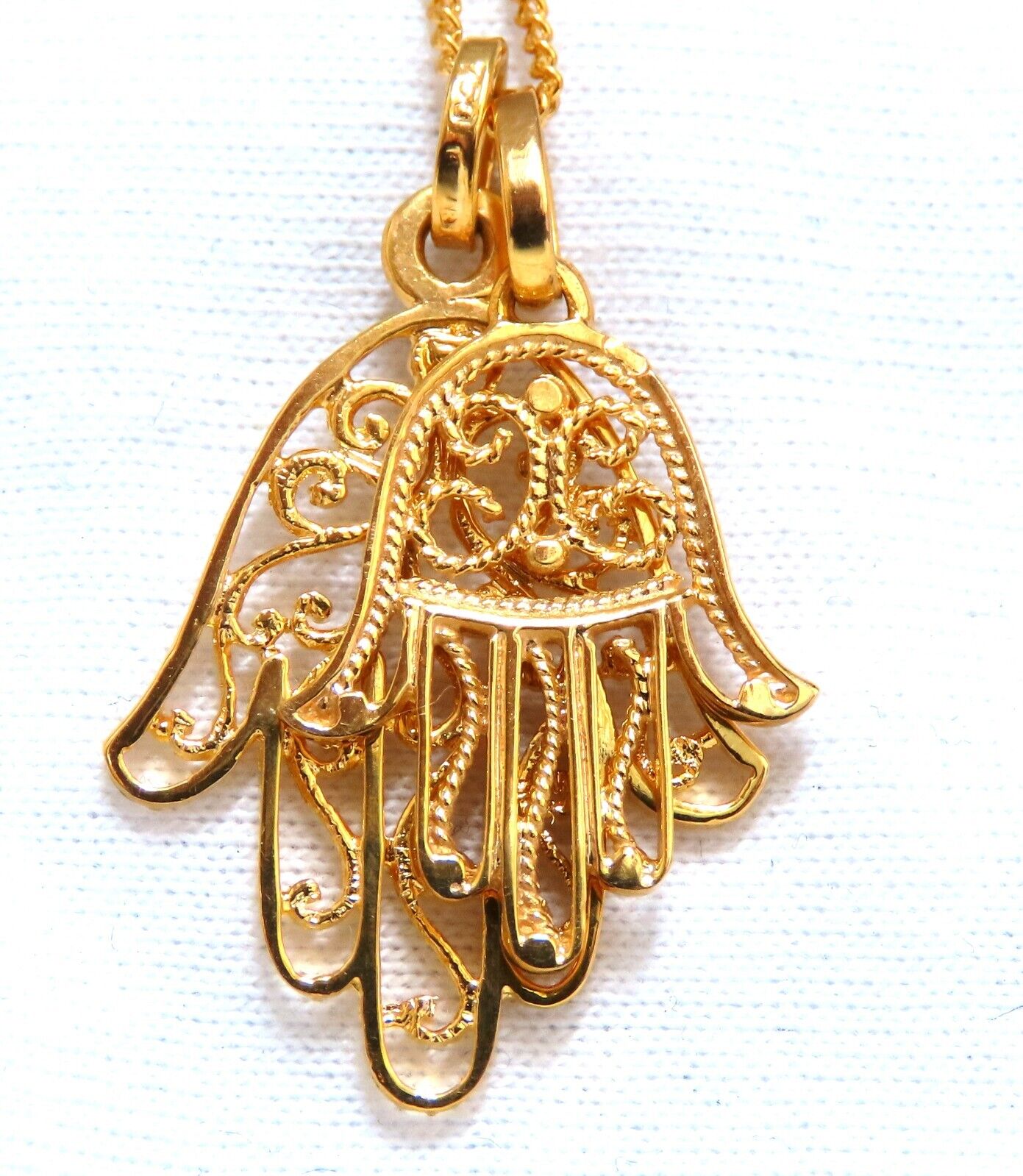 Hamsa Big & Small Filigree necklace 14kt gold