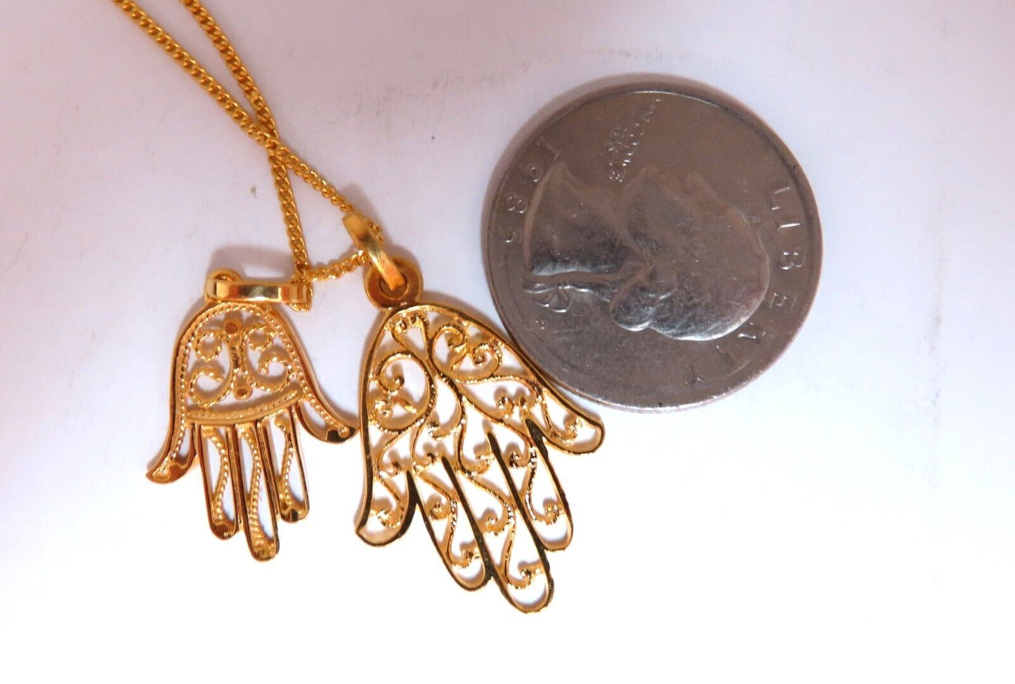 Hamsa Big & Small Filigree necklace 14kt gold