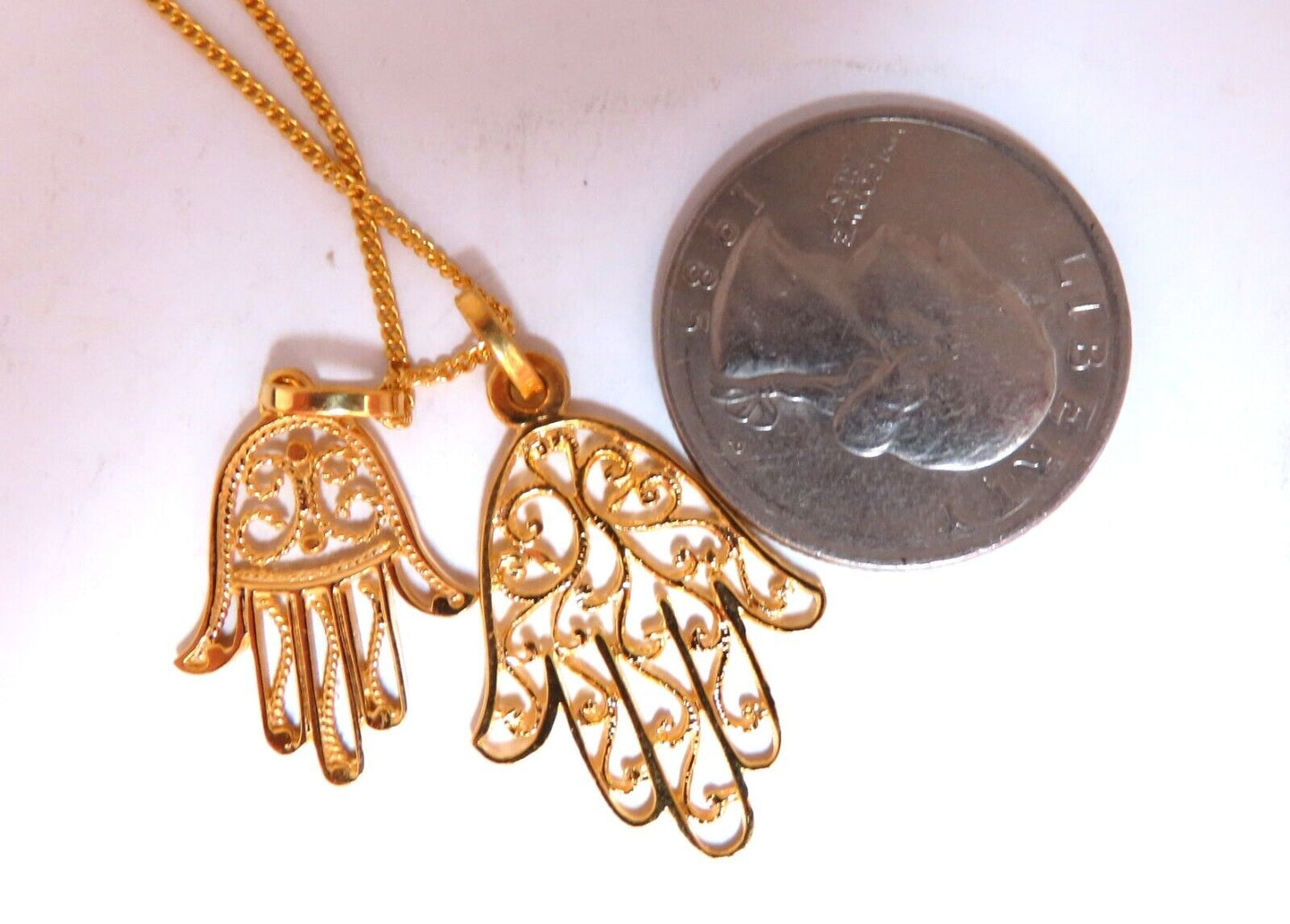 Hamsa Big & Small Filigree necklace 14kt gold