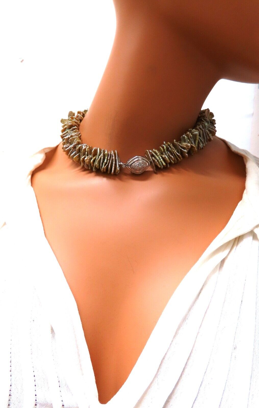 20 mm baroque off shape Pearl necklace 14kt gold diamond clasp