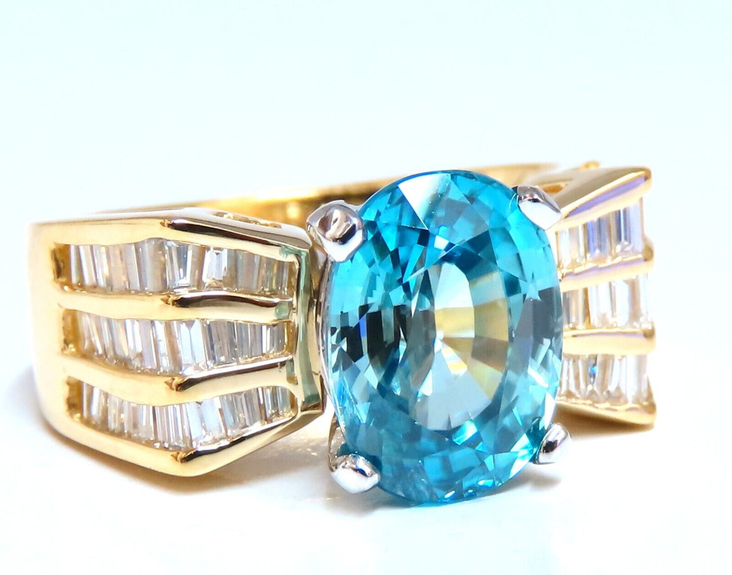 5.36 carat natural blue zircon baguette diamond ring 14kt gold