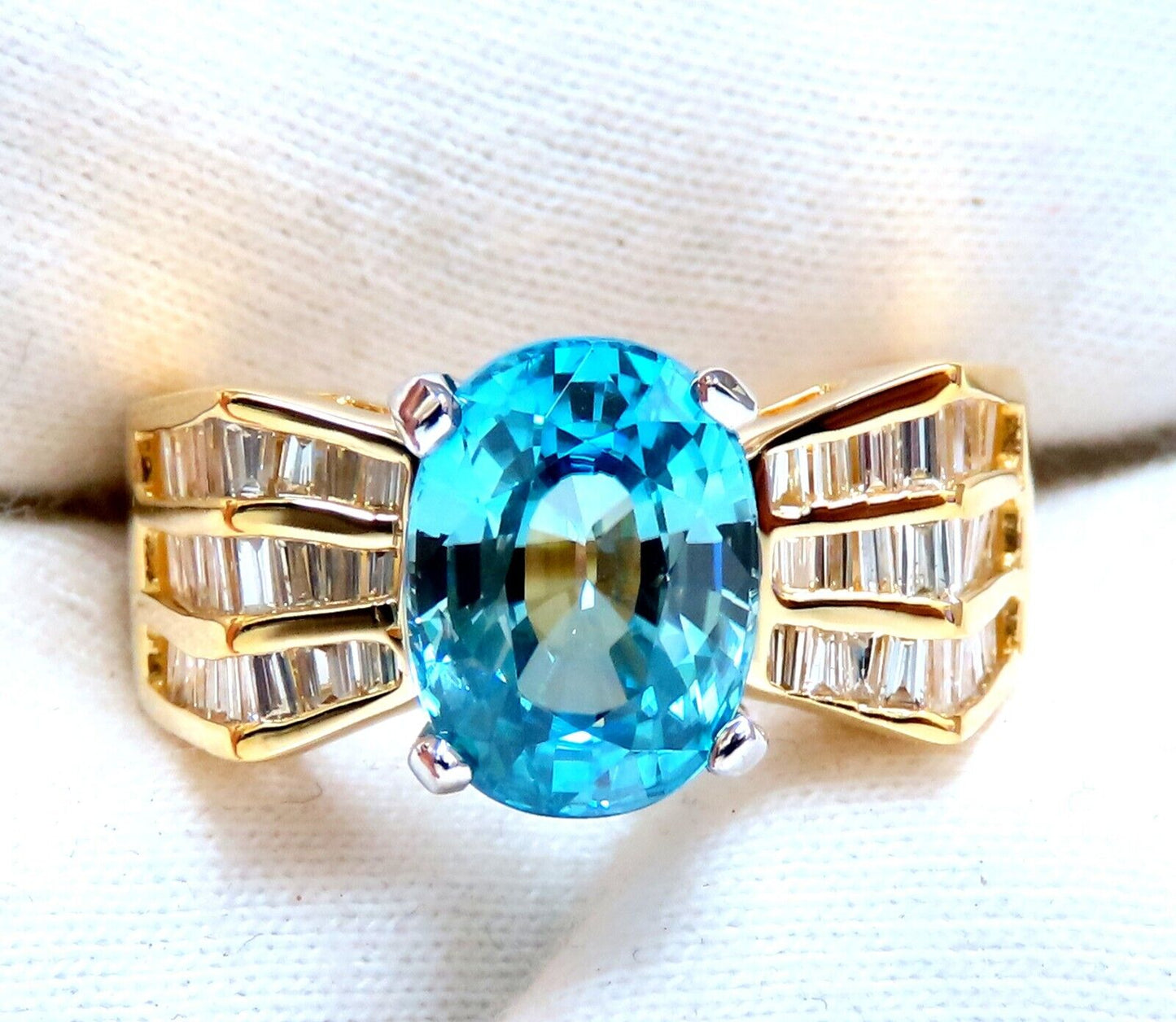 5.36 carat natural blue zircon baguette diamond ring 14kt gold