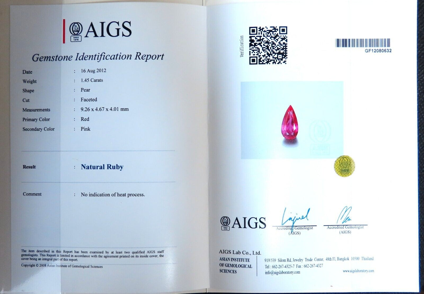 AIGS certified 1.45ct No Heat Ruby Ring 14kt raised mod deck