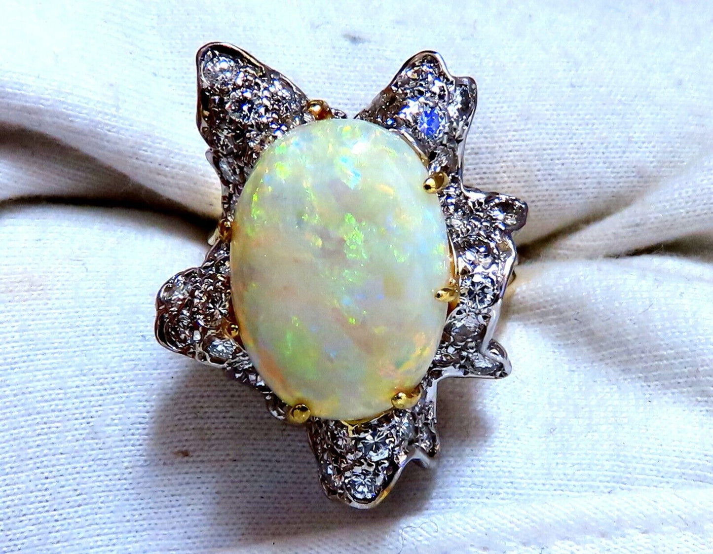 GIA Certified 8.04ct natural cabochon opal diamonds cocktail ring 14kt