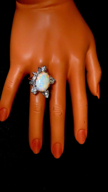 GIA Certified 8.04ct natural cabochon opal diamonds cocktail ring 14kt