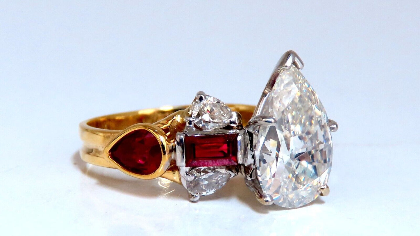 GIA Certified 2.64ct Natural Pear Diamond Ruby ring 14kt