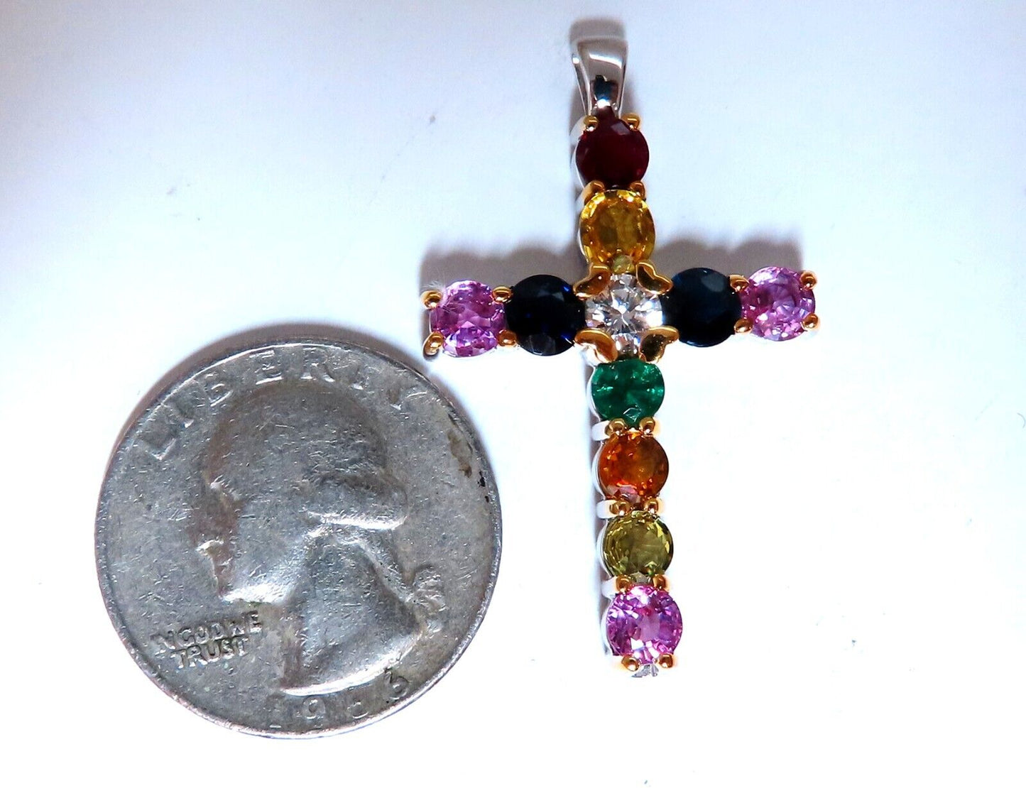 Sapphire Ruby Emerald Cross GIA Certified Diamond 14kt