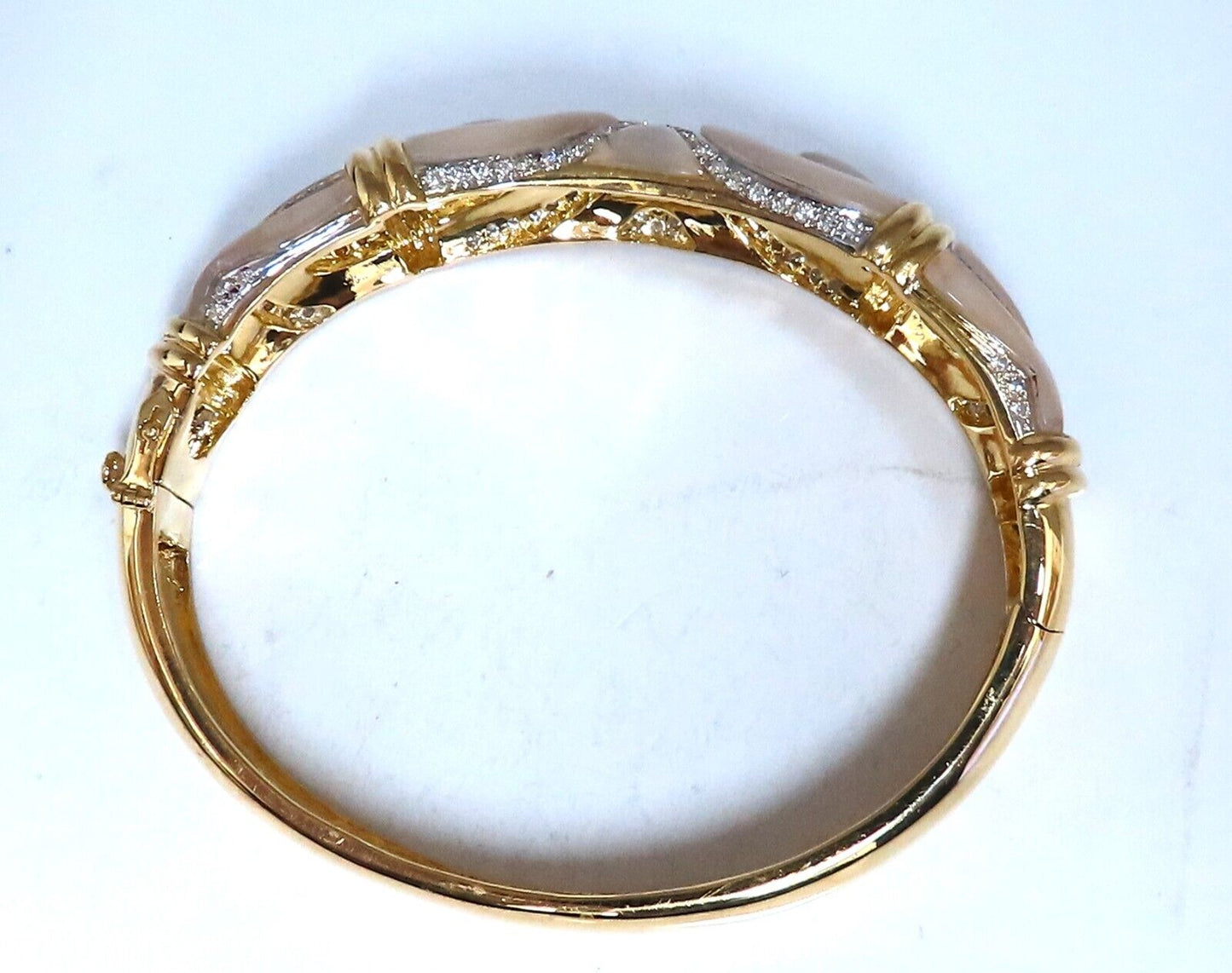 Natural Diamonds Carved Mother of Pearl Bangle Bracelet 18kt