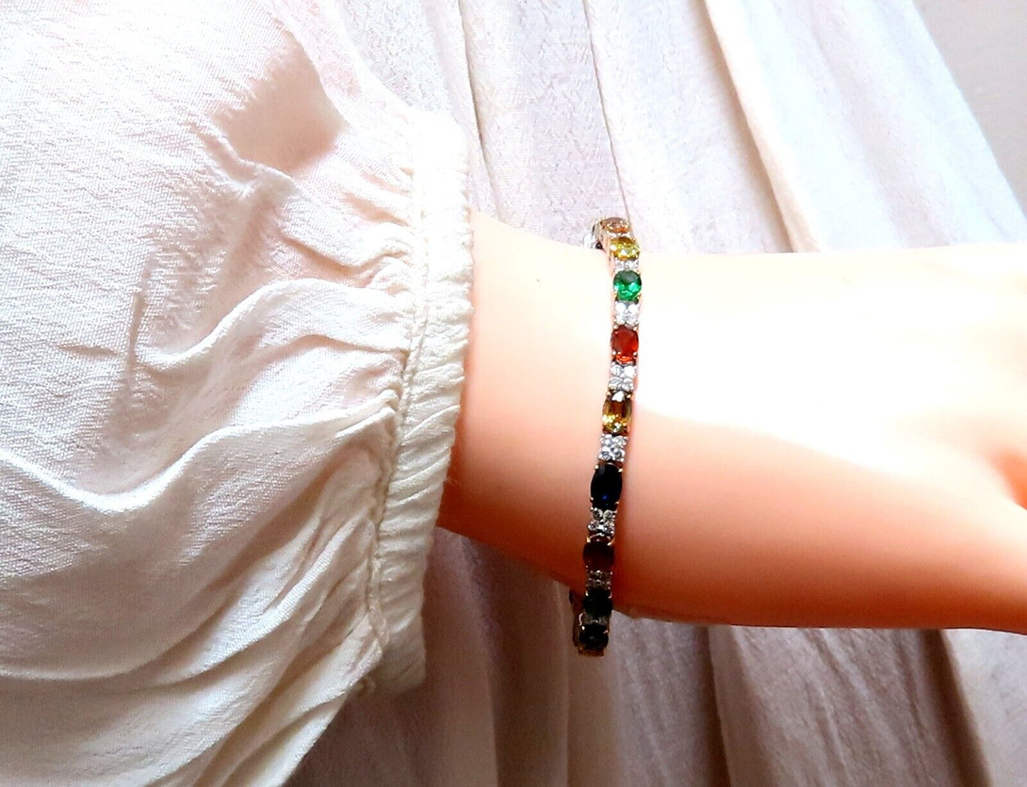 10ct Natural Sapphire Emerald Green Garnet Diamond Tennis Bracelet 14kt Gem Line