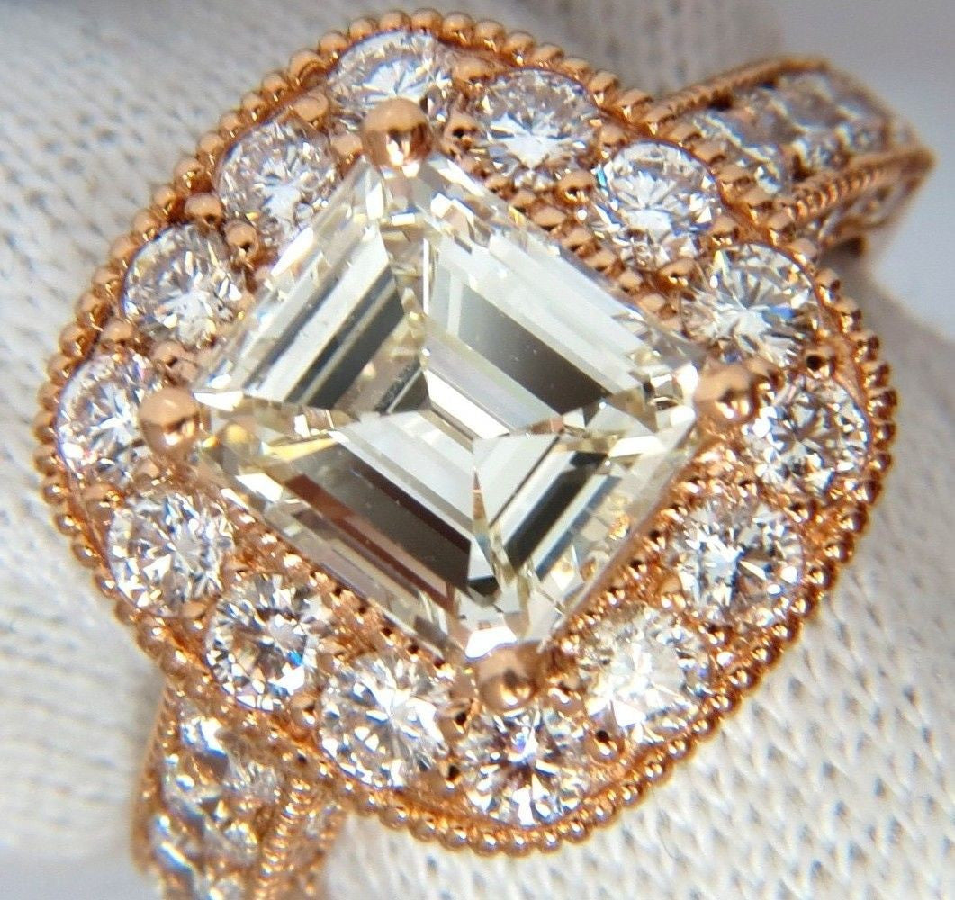 GIA 5.37CT EMERALD CUT DIAMOND RING 18KT BRIDAL ANNIVERSARY HALO CLUSTER