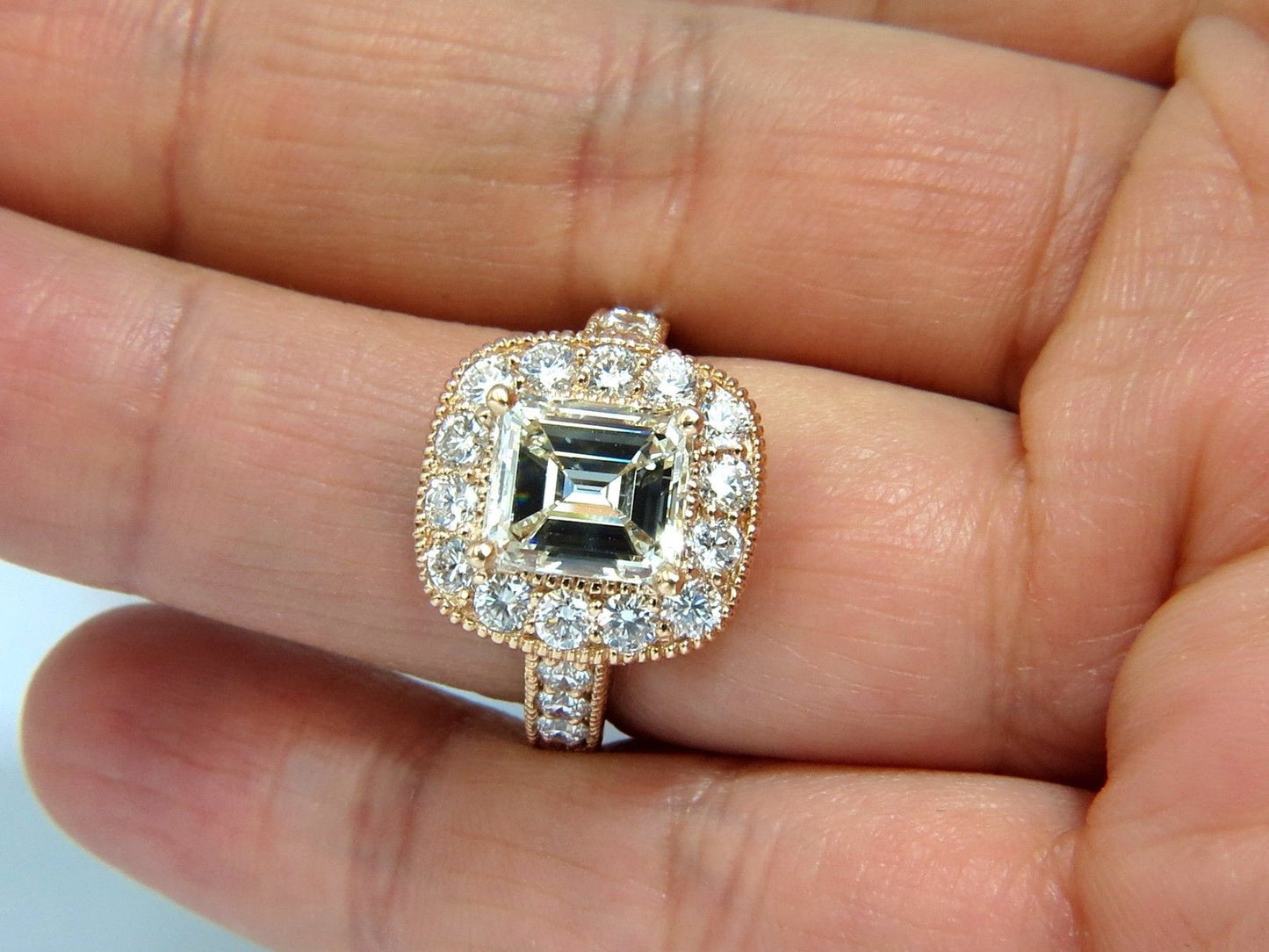 GIA 5.37CT EMERALD CUT DIAMOND RING 18KT BRIDAL ANNIVERSARY HALO CLUSTER