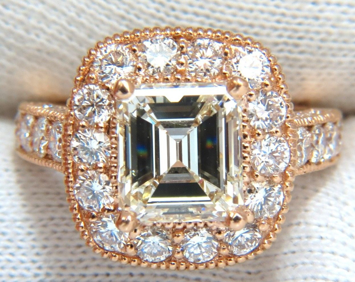 GIA 5.37CT EMERALD CUT DIAMOND RING 18KT BRIDAL ANNIVERSARY HALO CLUSTER