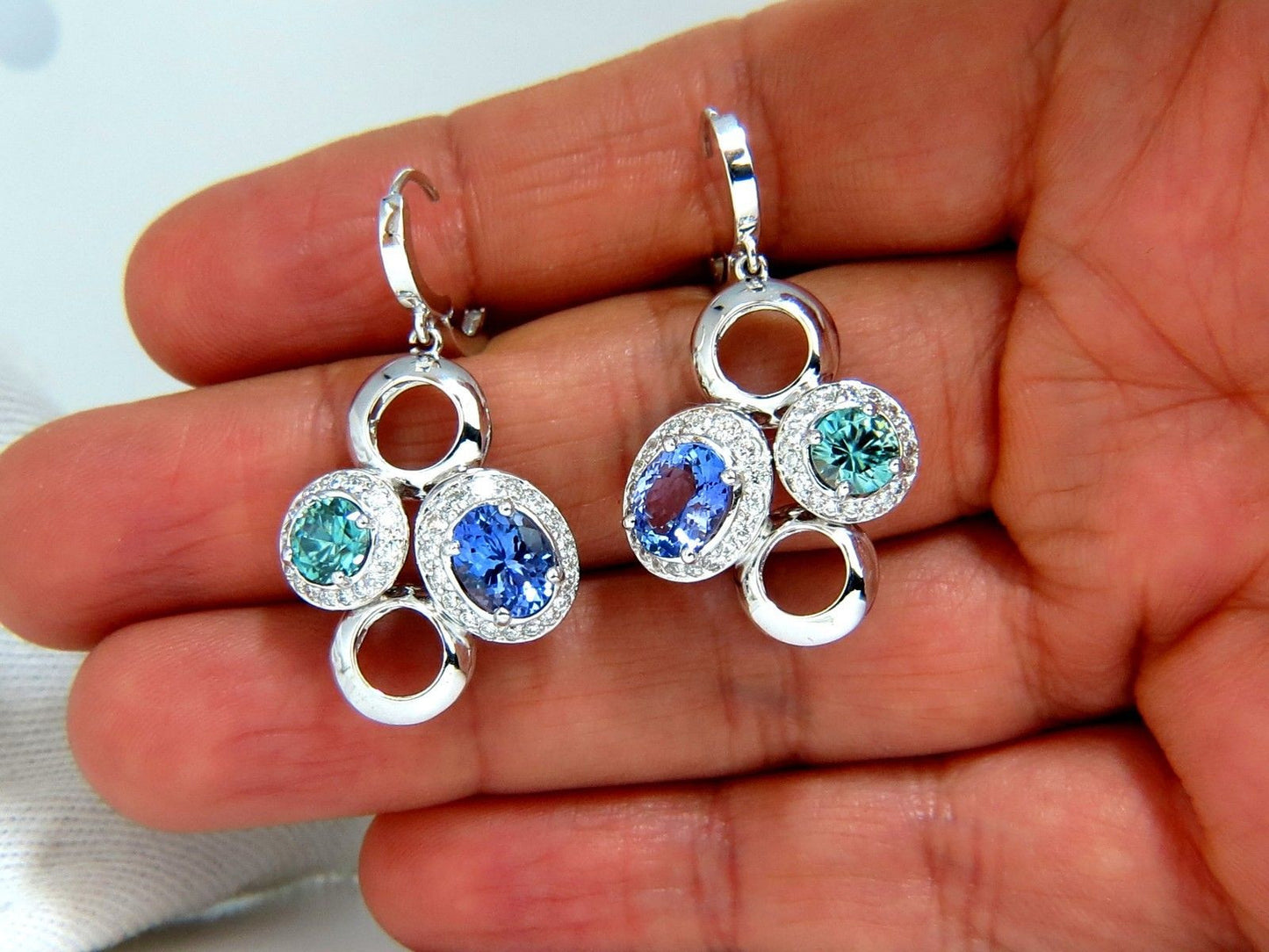 7.07CT NATURAL TANZANITES ZIRCON DIAMONDS CIRCLE DANGLE EARRINGS 14KT