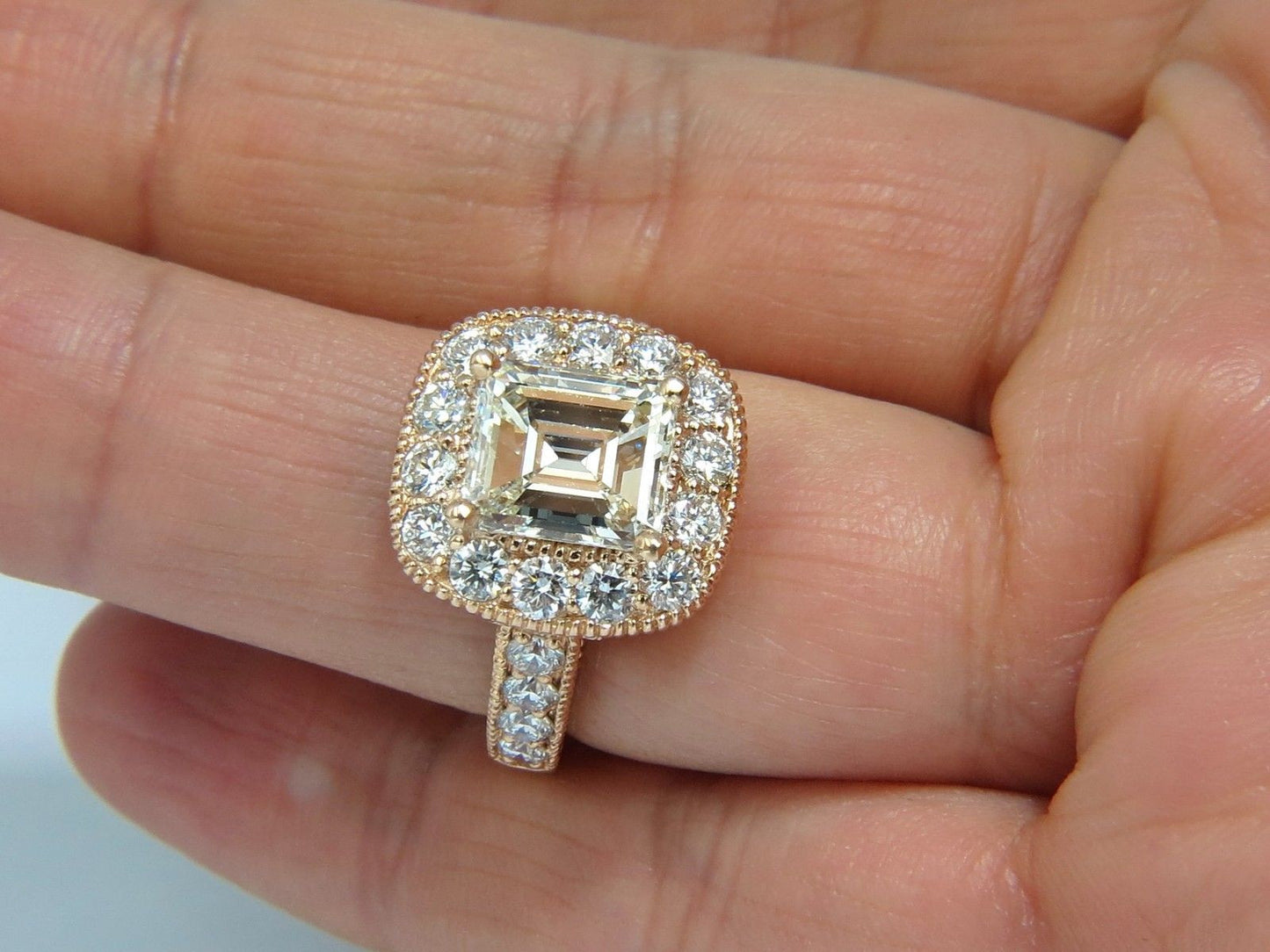 GIA 5.37CT EMERALD CUT DIAMOND RING 18KT BRIDAL ANNIVERSARY HALO CLUSTER