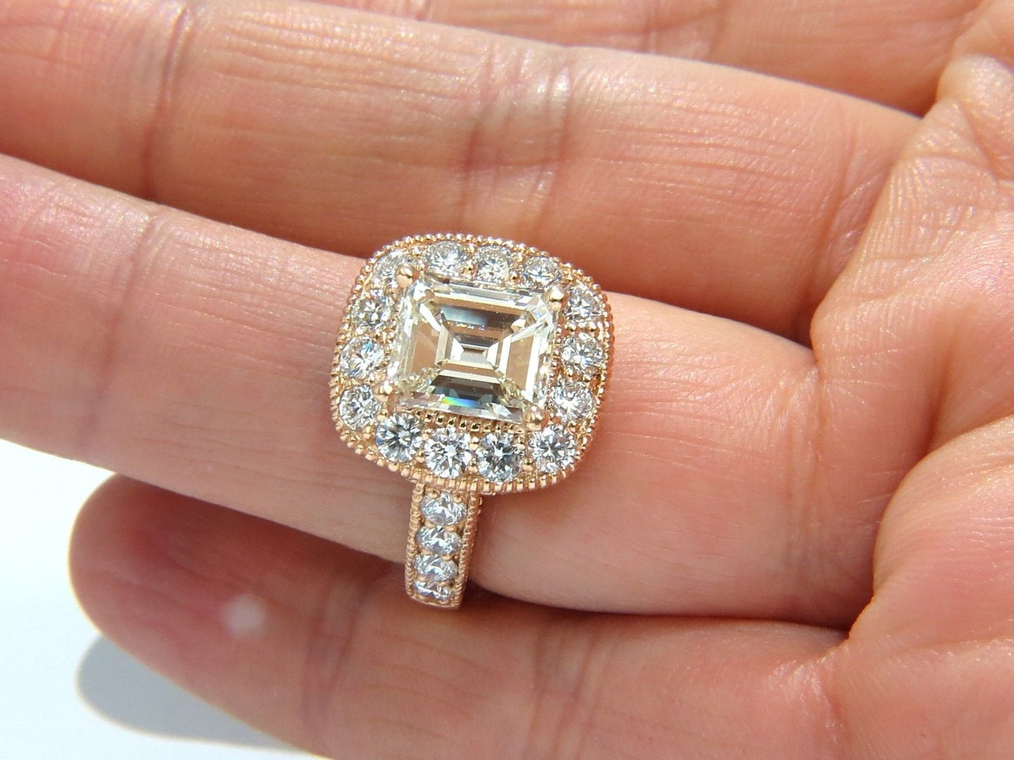GIA 5.37CT EMERALD CUT DIAMOND RING 18KT BRIDAL ANNIVERSARY HALO CLUSTER
