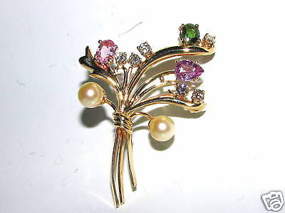 4.70ct. SAPPHIRES PEARLS & DIAMOND BROOCH 14KT RARE