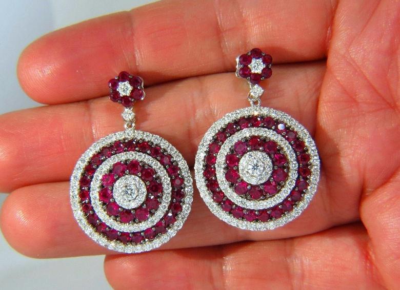 9.74ct Natural Ruby Diamond Dangling Earrings 18kt Roulette Bullseye Ref 12323