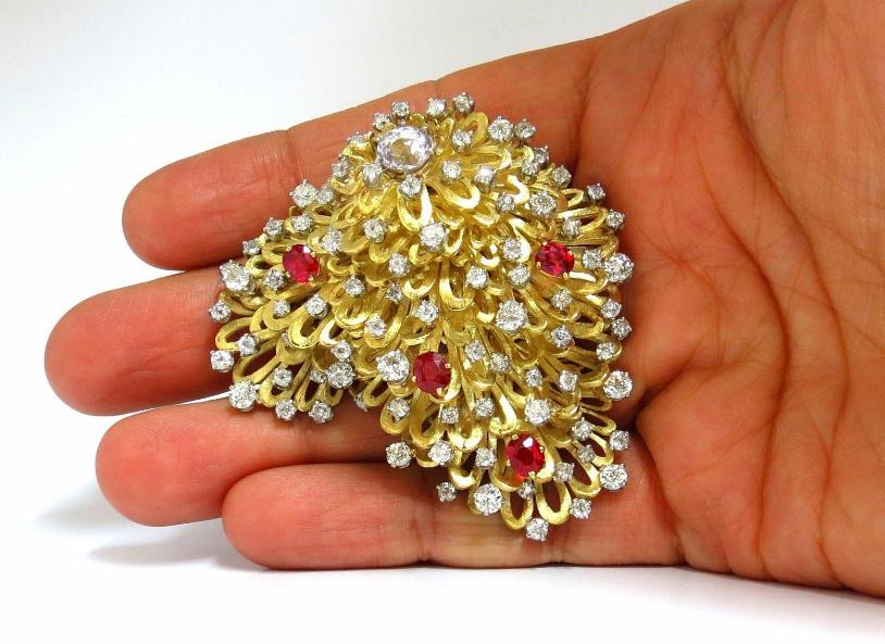 Erwin Pearl 8.00 Carat Natural Diamonds and Red Spinel Brooch 18Kt Ref 12332