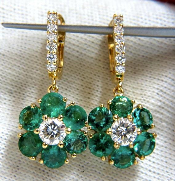 5.38ct Flora Cluster Natural emerald diamond dangle earrings 14kt gold Ref 12334