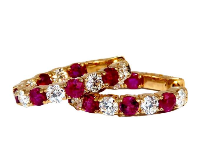 4.90ct Natural Ruby Diamonds Elongated Hoop Earrings 14kt Gold Ref 12335