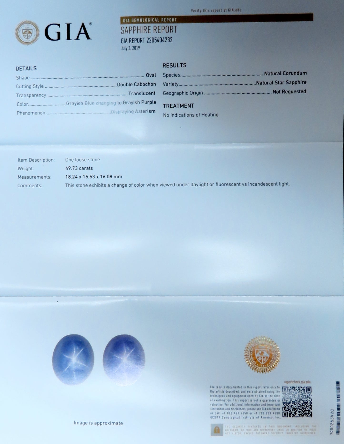 GIA Certified 49.73ct No Heat Color Change Star Sapphire Diamonds Ring 18kt