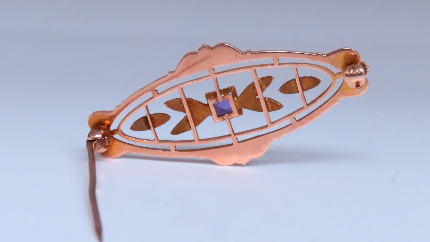 Natural Amethyst Neoclassical Brooch Pin 14kt Gold 12364