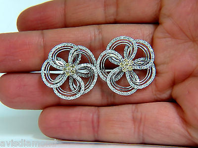 2.40CT NATURAL YELLOW DIAMONDS 3D FLOWER CLUSTER  EARRINGS 14KT