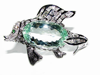 GIA 57.37CT NATURAL GREEN BERYL FISH BROOCH PENDANT