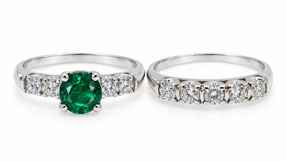 0.88ct Natural Emerald & 0.90ct Diamond Ring and Band Set 14K White Gold 95580