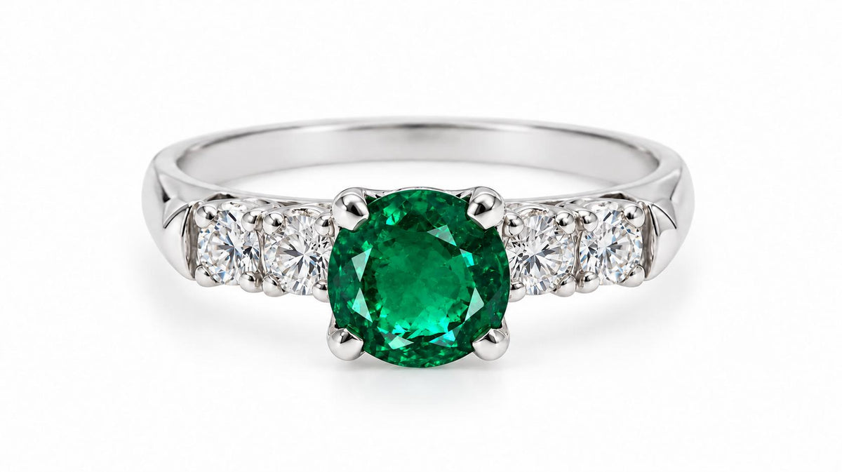 0.88ct Natural Emerald & 0.90ct Diamond Ring and Band Set 14K White Gold 95580