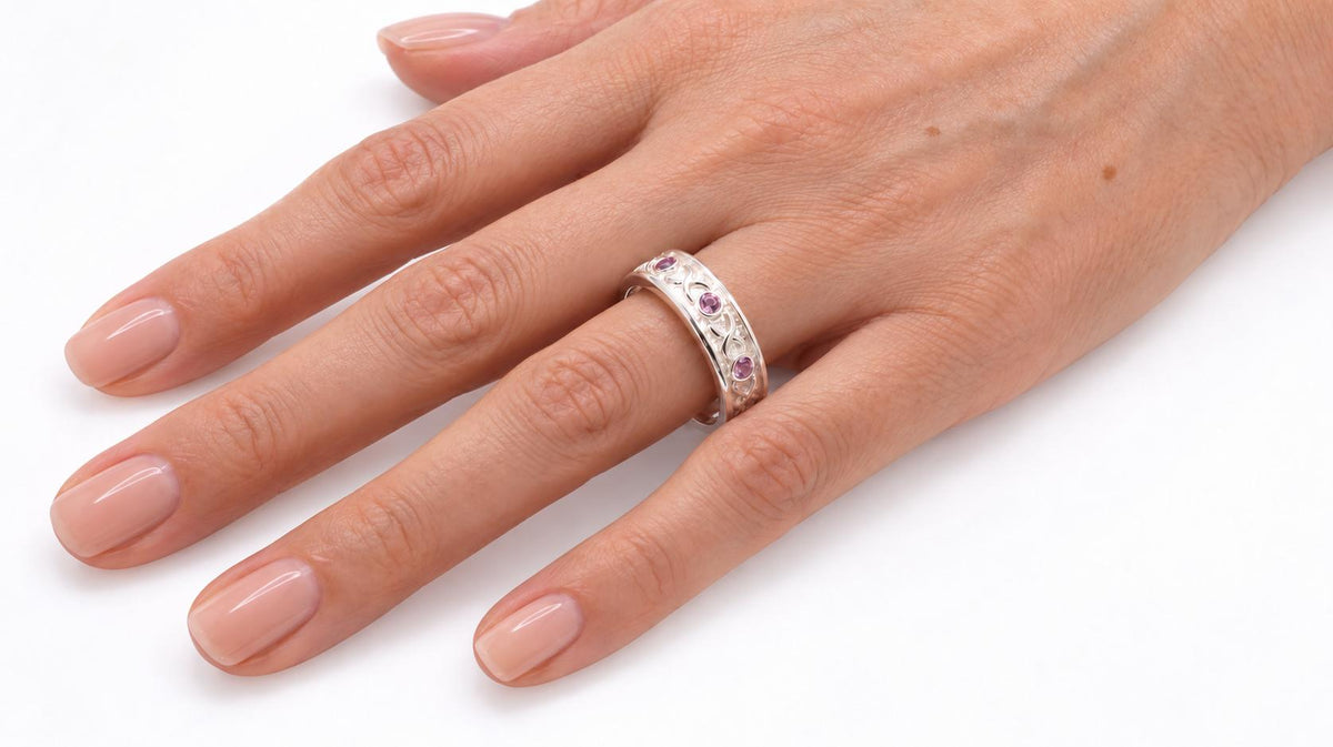 Natural .75ct Brilliant Pink Sapphires Eternity Band Sterling Silver 95561